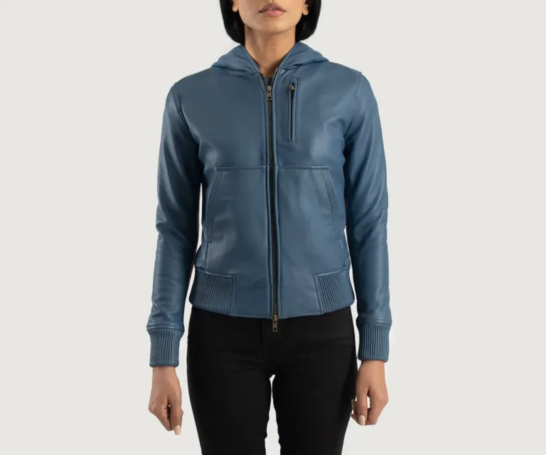 Luna Blue Hooded Leather Bomber Jacket Luxury Women's Outerwear — Rear Profile & Tailored Seaming