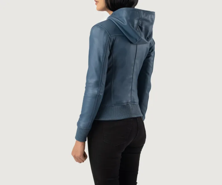 Luna Blue Hooded Leather Bomber Jacket Luxury Women's Outerwear — Macro Hardware & Leather Grain