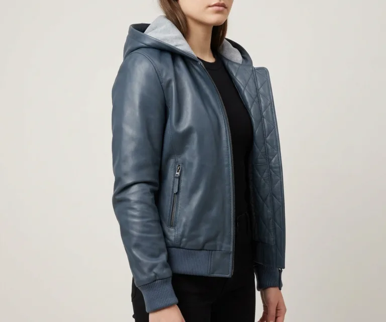 Lux-wearz women Blue Hooded Leather Bomber Jacket 3/4 Profile 1080x900