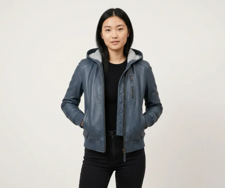 Lux-wearz women Blue Hooded Leather Bomber Jacket Front View 1080x900