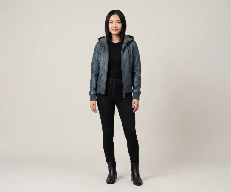 Lux-wearz women Blue Hooded Leather Bomber Jacket Lifestyle Studio 1080x900