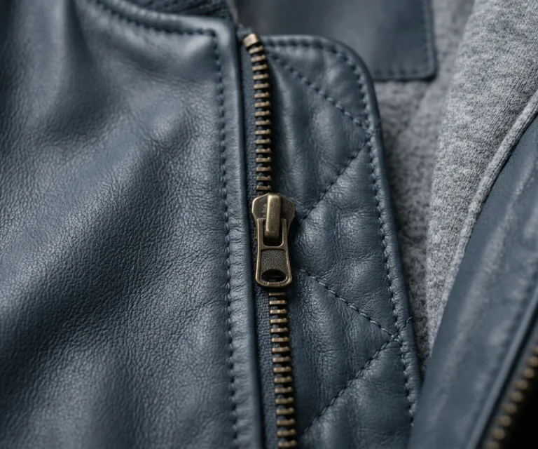 Lux-wearz women Blue Hooded Leather Bomber Jacket Macro Hardware Detail 1080x900