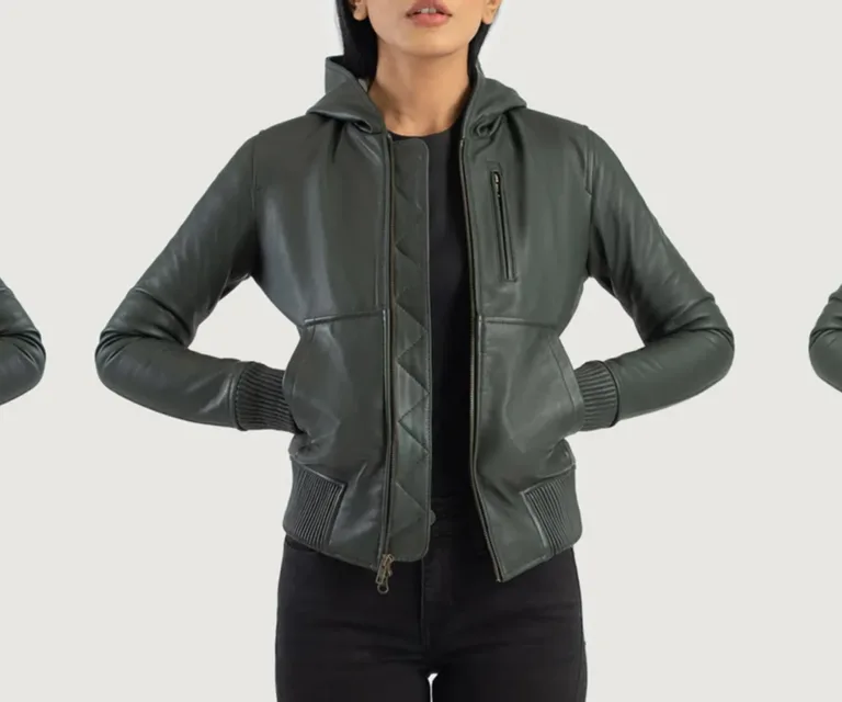 Luna Green Hooded Leather Bomber Jacket Luxury Women's Outerwear — Front Silhouette Hero Presentation