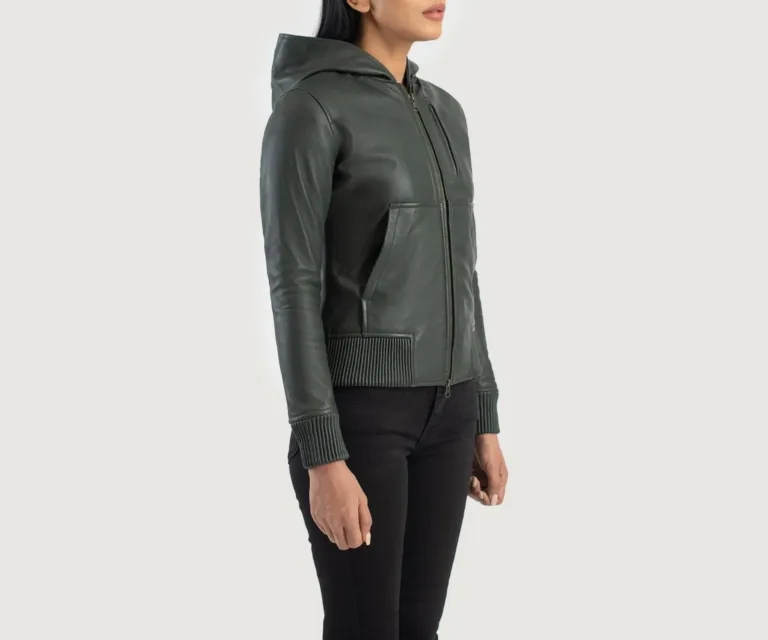 Luna Green Hooded Leather Bomber Jacket Luxury Women's Outerwear — Three-Quarter Editorial Perspective