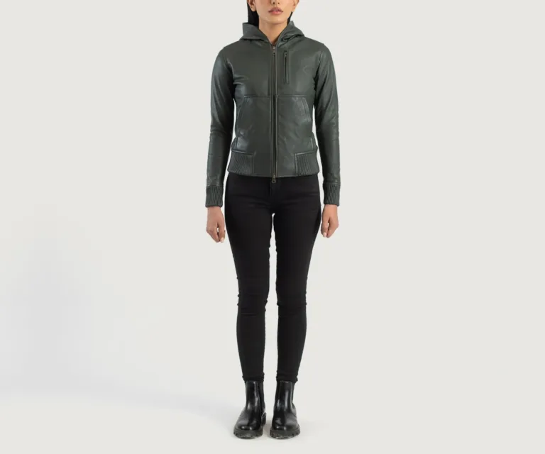 Luna Green Hooded Leather Bomber Jacket Luxury Women's Outerwear — Collar & Ribbed Trim Architecture