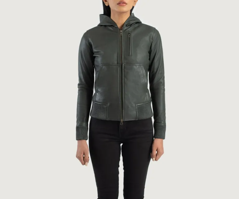 Luna Green Hooded Leather Bomber Jacket Luxury Women's Outerwear — Rear Profile & Tailored Seaming