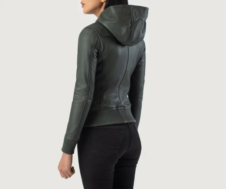 Luna Green Hooded Leather Bomber Jacket Luxury Women's Outerwear — Macro Hardware & Leather Grain