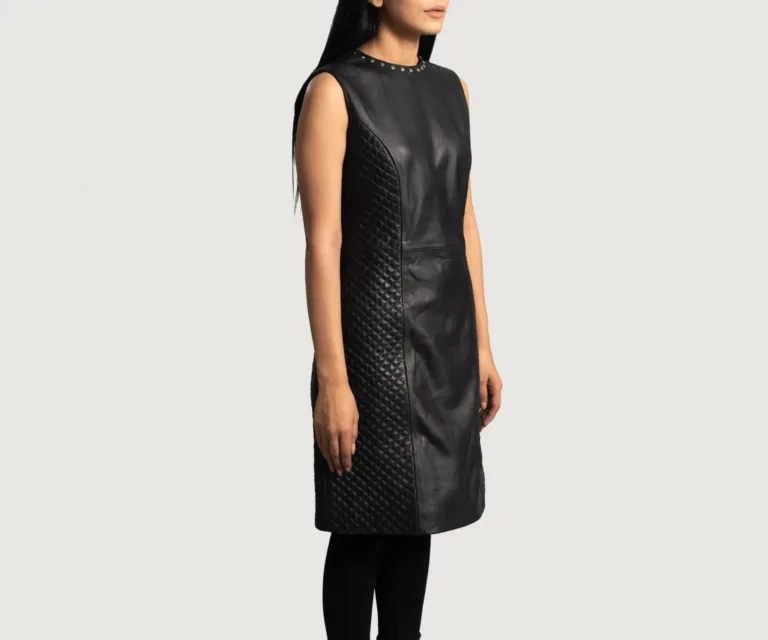 Luxe Black Leather Dress Luxury Women's Outerwear — Three-Quarter Editorial Perspective