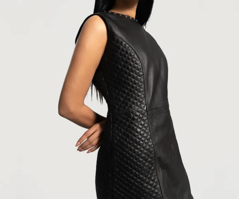Luxe Black Leather Dress Luxury Women's Outerwear — Rear Profile & Tailored Seaming