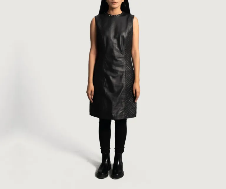 Luxe Black Leather Dress Luxury Women's Outerwear — Macro Hardware & Leather Grain