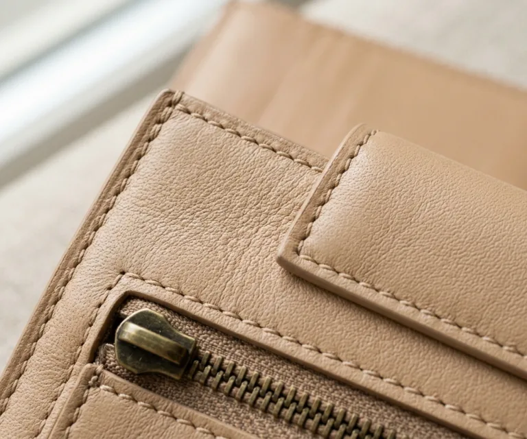 Karl Grey Leather Card Holder Macro Hardware Detail 1080x900