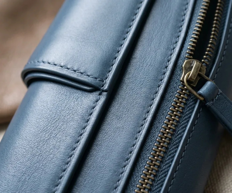 Cameron Blue Leather Long Wallet Macro Hardware Detail 1080x900