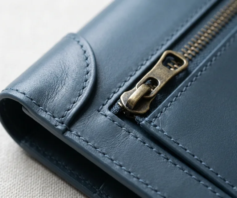 Taylor Blue Leather Continental Wallet Macro Hardware Detail 1080x900