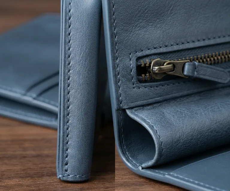 Voren Blue Leather Bi-fold Wallet Macro Hardware Detail 1080x900