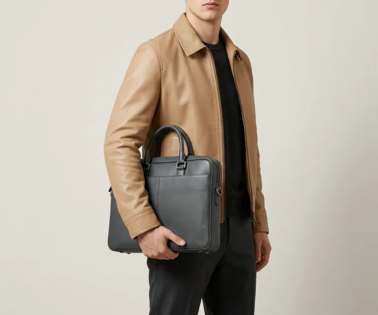 The Captain Grey Leather Briefcase 3/4 Profile 1080x900