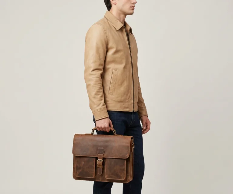 The Captain Vintage Distressed Brown Leather Briefcase 3/4 Profile 1080x900