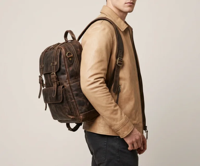The Bedford Vintage Distressed Brown Leather Backpack 3/4 Profile 1080x900