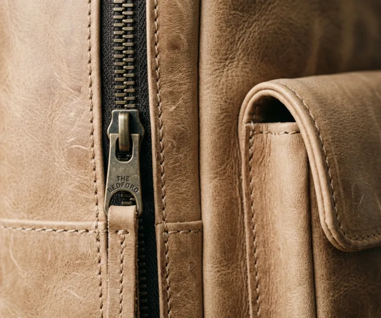 The Bedford Vintage Distressed Brown Leather Backpack Macro Hardware Detail 1080x900