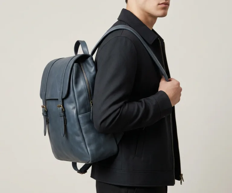 The Philos Midnight Blue Leather Backpack 3/4 Profile 1080x900