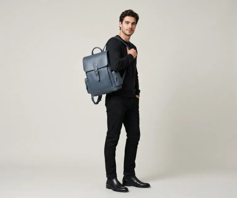 The Philos Midnight Blue Leather Backpack Lifestyle Studio 1080x900