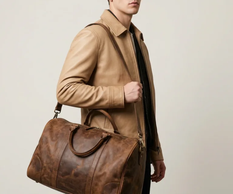 The Dale Duffle Vintage Distressed Brown Leather Duffle Bag 3/4 Profile 1080x900