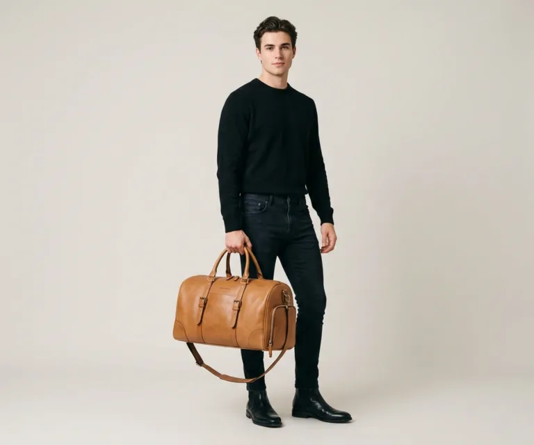 The Darrio Vintage Tan Brown Leather Duffle Bag Lifestyle Studio 1080x900