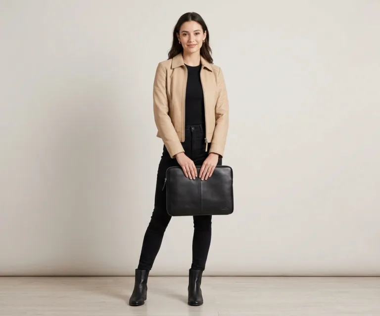 The Baxter Black Leather Laptop Sleeve Lifestyle Studio 1080x900