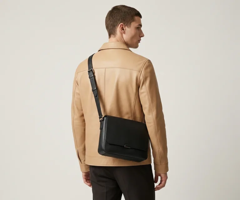 The Cristoph Black Leather Messenger Bag Rear Back View 1080x900