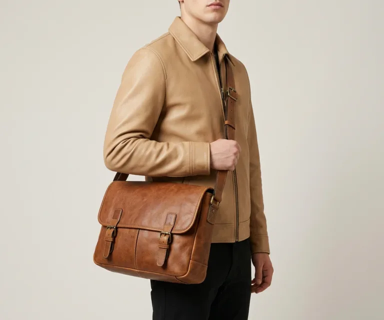 The Cristoph Vintage Tan Leather Messenger Bag 3/4 Profile 1080x900