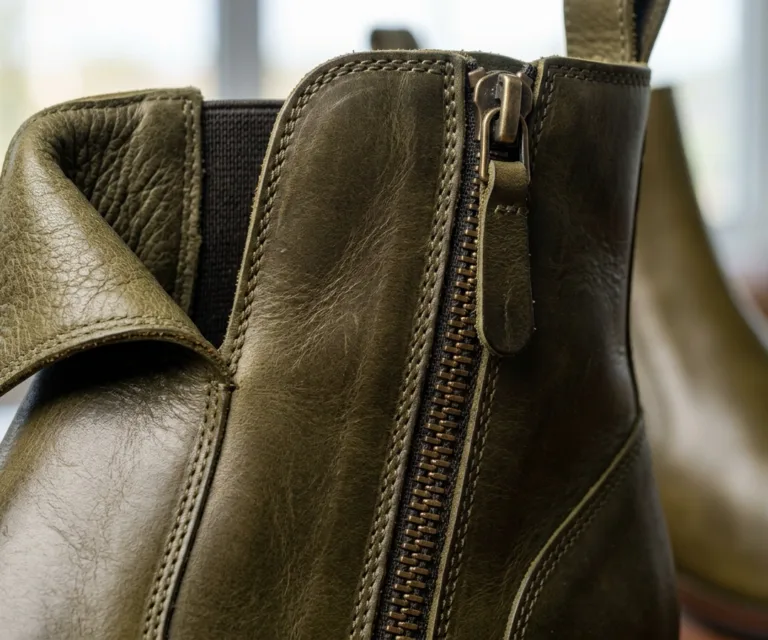 Clarkson Chelsea Olive Pullup Leather Boots – StudGuard Macro Hardware Detail 1080x900