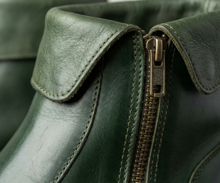 Knight Derby Olive Green Pullup Leather Boots – TerraGrip Macro Hardware Detail 1080x900