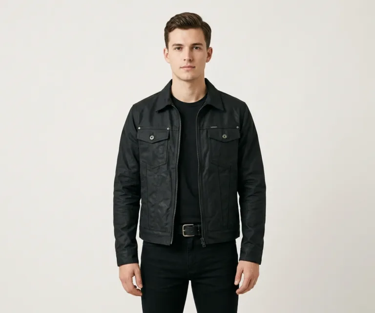 Colberto Black Waxed Canvas Trucker Jacket Front View 1080x900