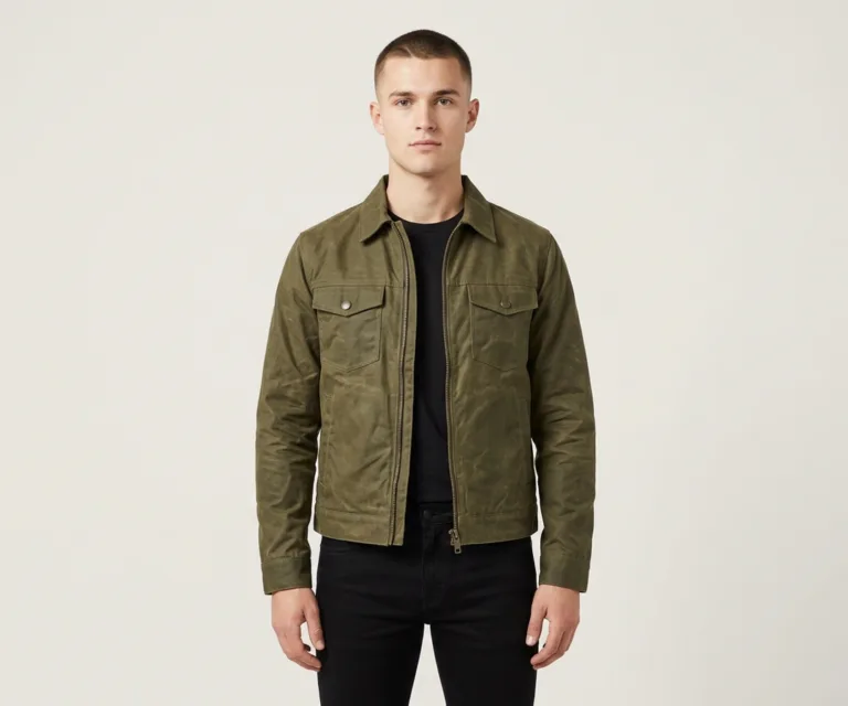 Colberto Olive Waxed Canvas Trucker Jacket Front View 1080x900