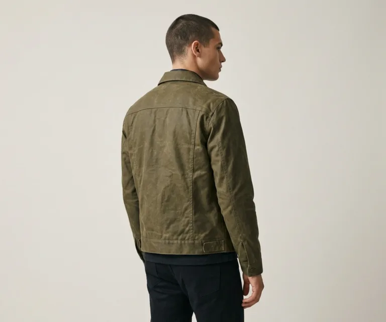 Colberto Olive Waxed Canvas Trucker Jacket Rear Back View 1080x900