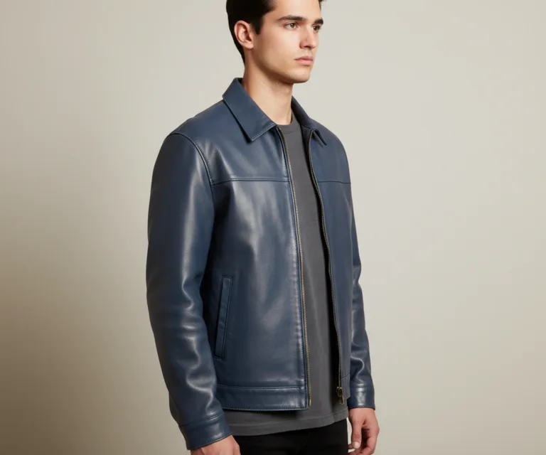 Eddie Dark Blue Oversized Denim Trucker Jacket 3/4 Profile 1080x900