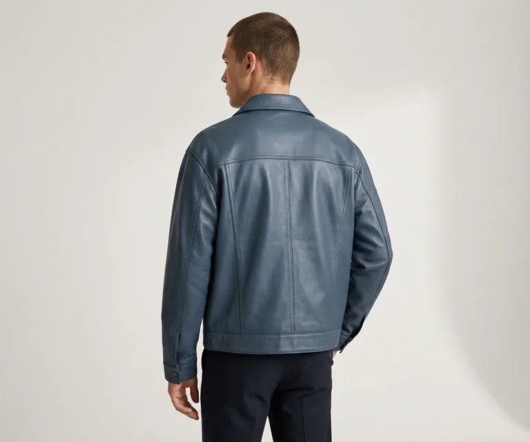 Eddie Dark Blue Oversized Denim Trucker Jacket Rear Back View 1080x900