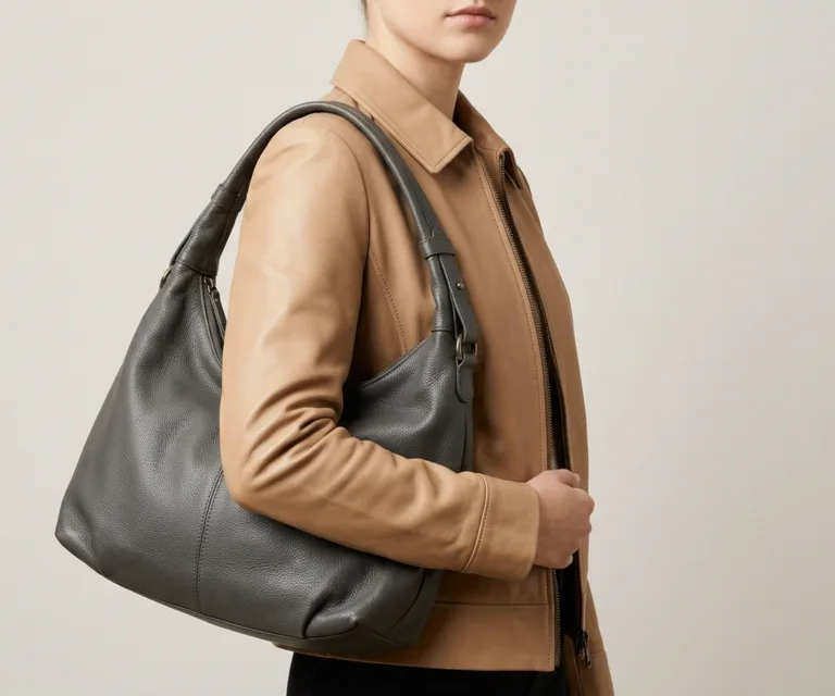 The Stefani Grey Leather Hobo Bag 3/4 Profile 1080x900