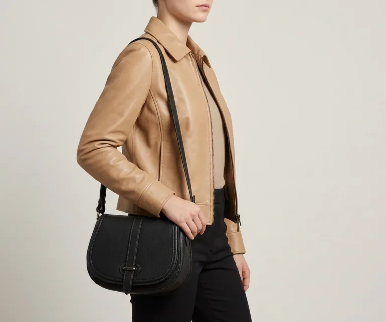 The Sandra Black Leather Saddle Bag 3/4 Profile 1080x900