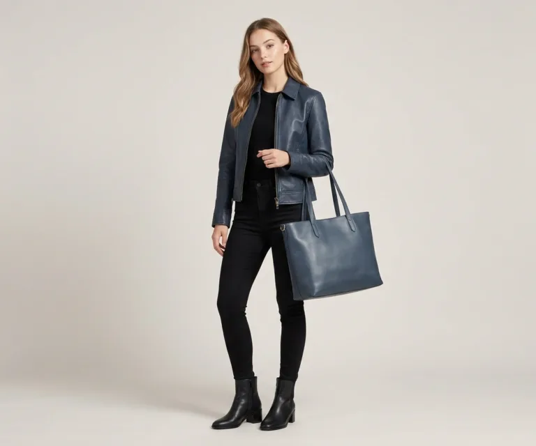 The Bianca Blue Leather Tote Bag Lifestyle Studio 1080x900