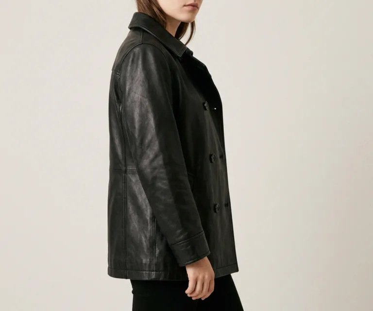 Alice Black Double Breasted Leather Coat 3/4 Profile 1080x900