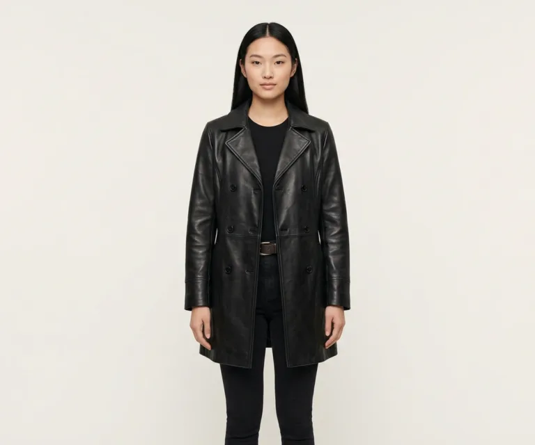 Alice Black Double Breasted Leather Coat Front View 1080x900