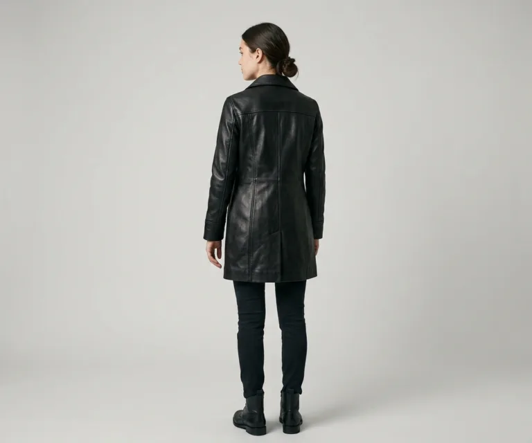 Alice Black Double Breasted Leather Coat Rear Back View 1080x900
