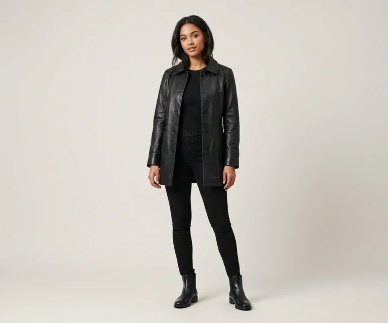 Alexis Black Single Breasted Leather Coat Lifestyle Studio 1080x900