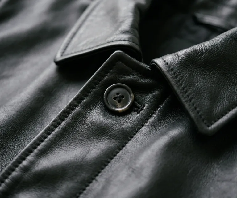 Alexis Black Single Breasted Leather Coat Macro Hardware Detail 1080x900