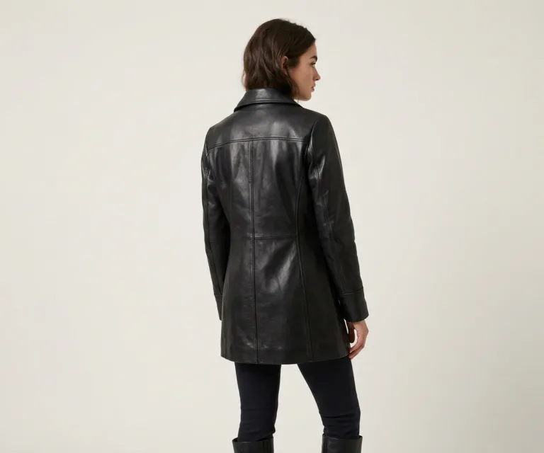 Alexis Black Single Breasted Leather Coat Rear Back View 1080x900