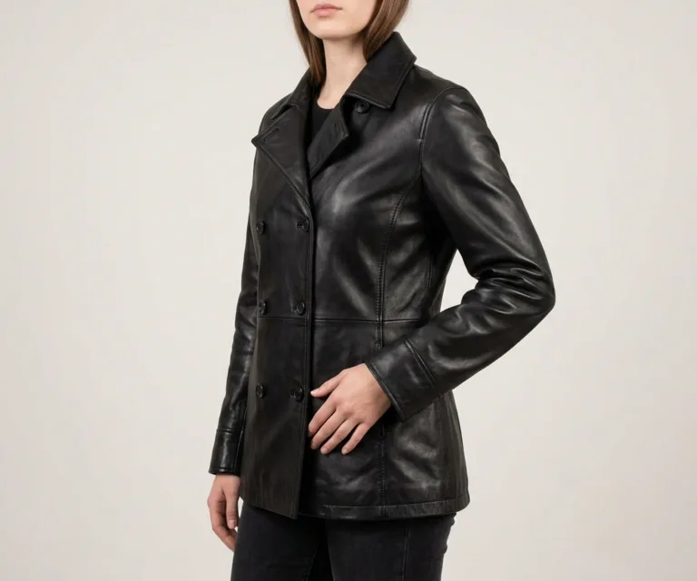 Alice Brown Double Breasted Leather Coat 3/4 Profile 1080x900