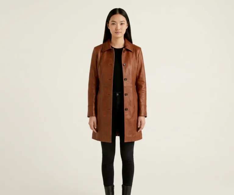 Alexis Brown Single Breasted Leather Coat Front View 1080x900