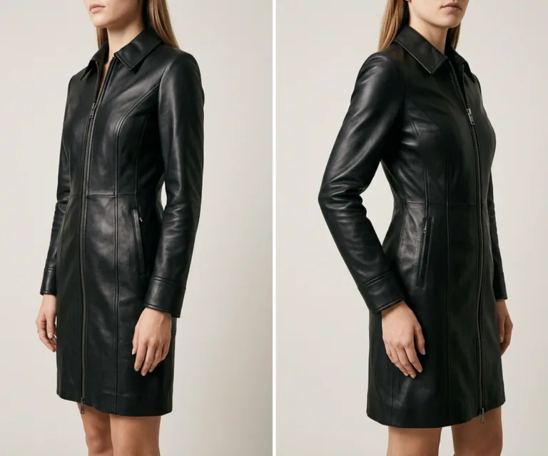 Luxe Black Leather Dress 3/4 Profile 1080x900