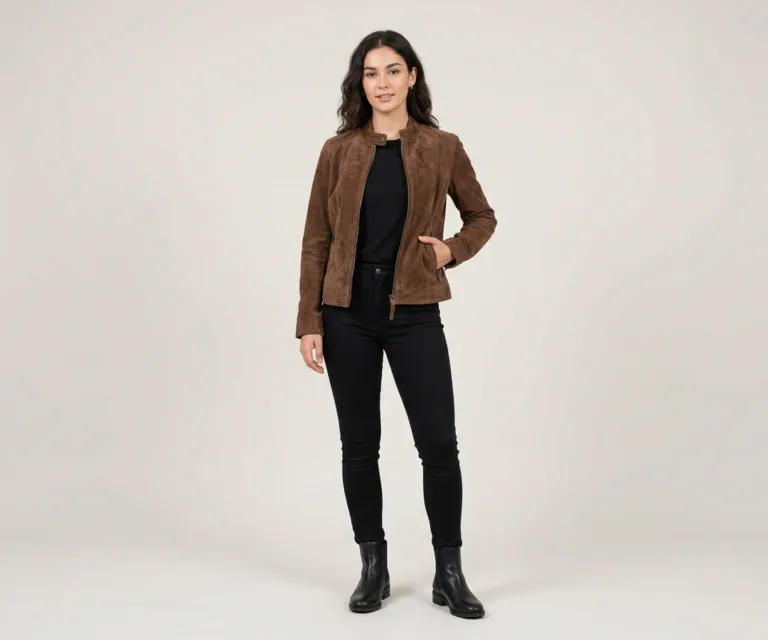 Rumella Mocha Suede Biker Jacket Lifestyle Studio 1080x900