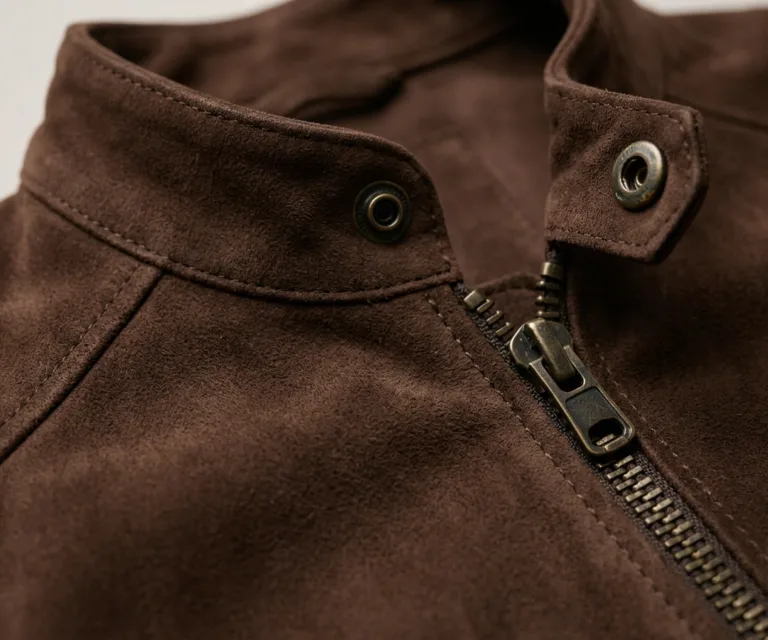 Rumella Mocha Suede Biker Jacket Macro Hardware Detail 1080x900